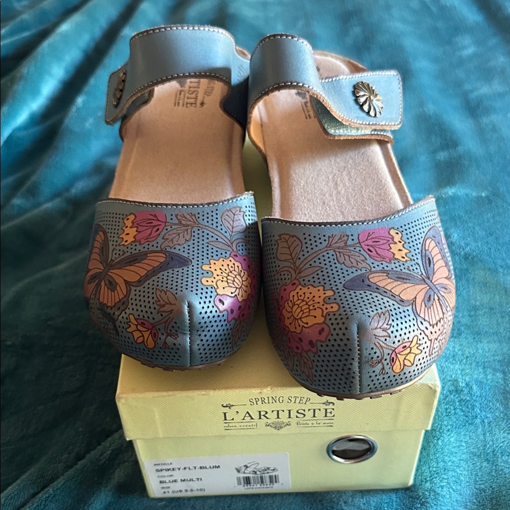 L'ARTISTE Teal Floral & Butterfly Mules
